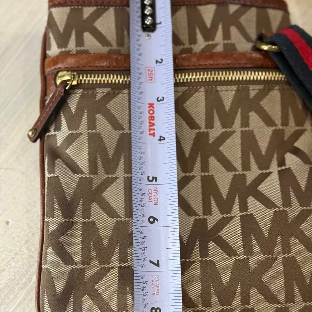 Michael Kors Brown Monogram Crossbody Bag with Red & Navy Webbed Strap